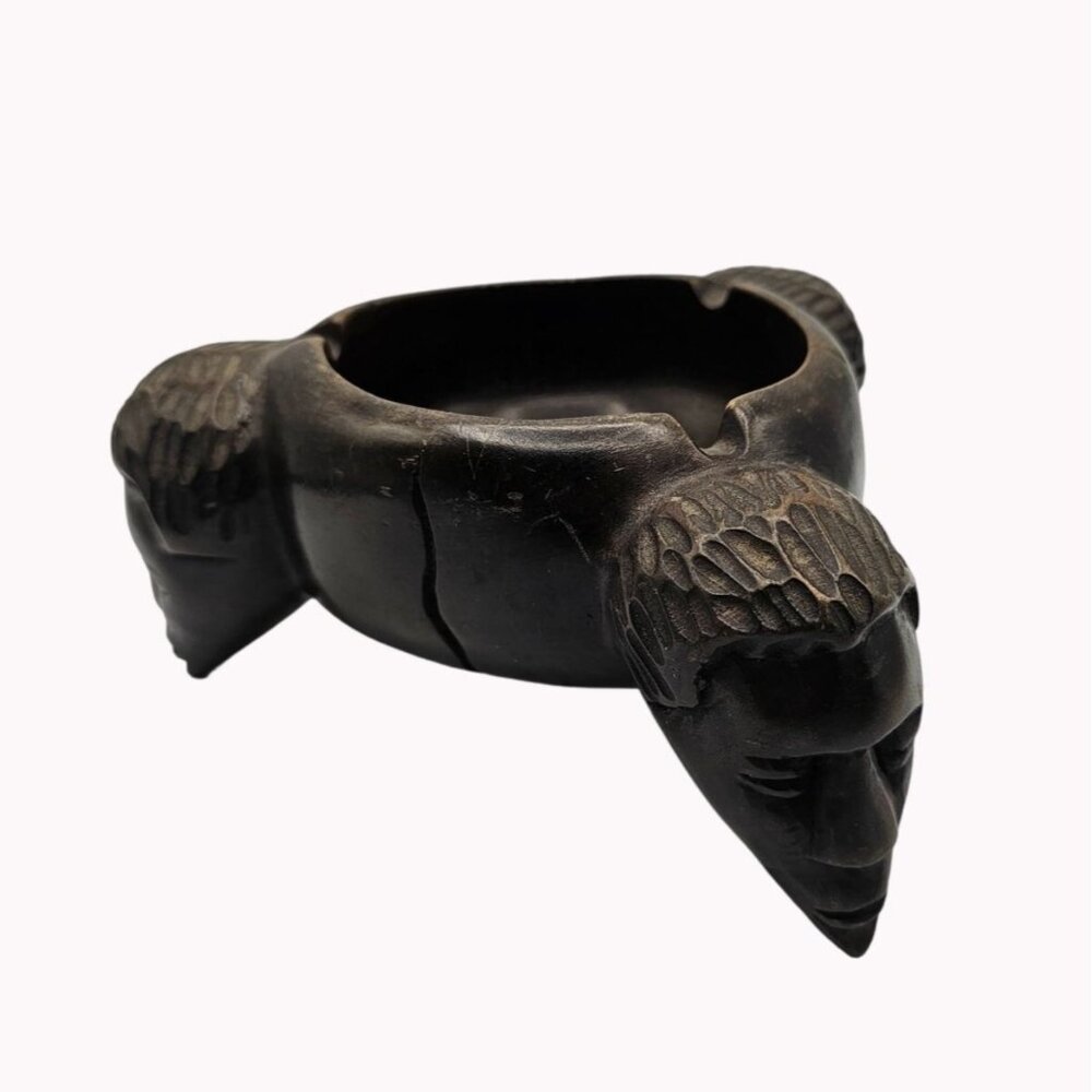 Unusual Wooden Hand Carved Ashtray w Intricate Tribal Faces on Three Legs